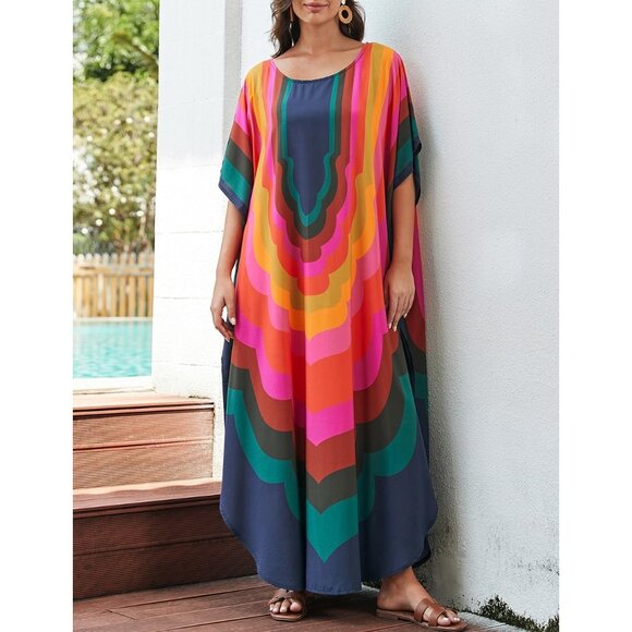 🆕Women's A-Colored Geometry Kaftan Dress V Neck Swimsuit Cover-Up Loungewear - Picture 6 of 7